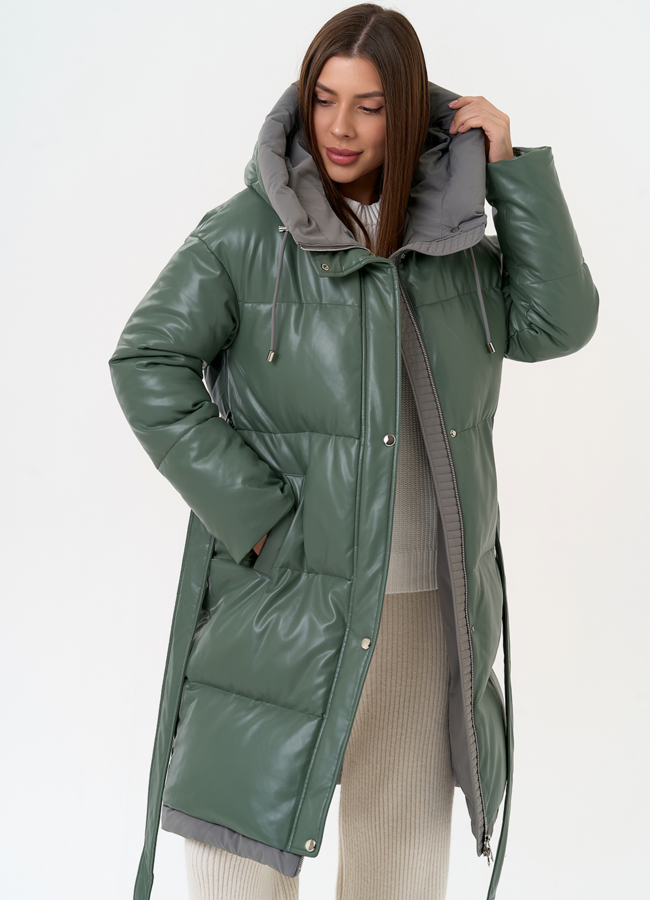 Женский пуховик из эко кожи с капюшоном модель № 30729 универмаг малина