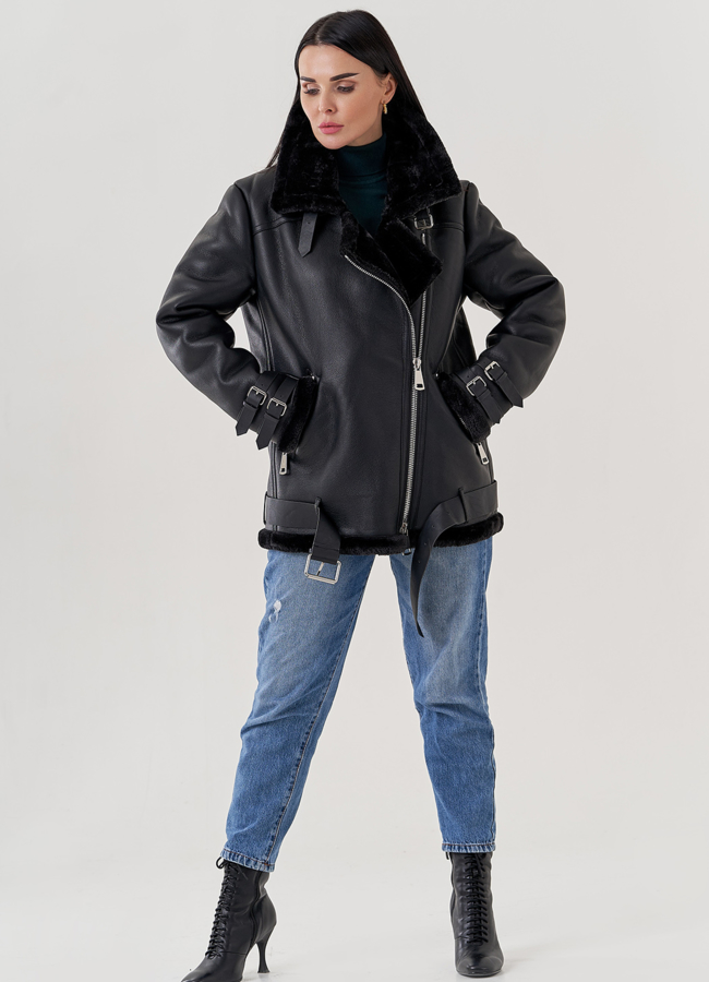 фото Женская дубленка пилот из эко кожи черно цвета  модель № 79311