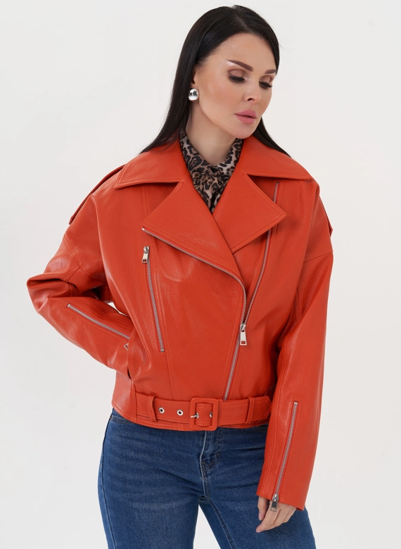Кожаная куртка "косуха" оранжевого цвета фото