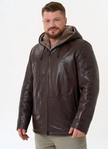 Мужская дубленка коричневого цвета с капюшоном