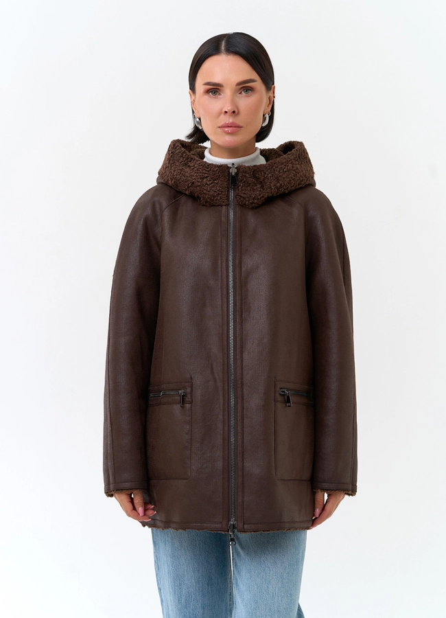фото Женская дубленка из экомеха с карманами из экокожи модель № 33899