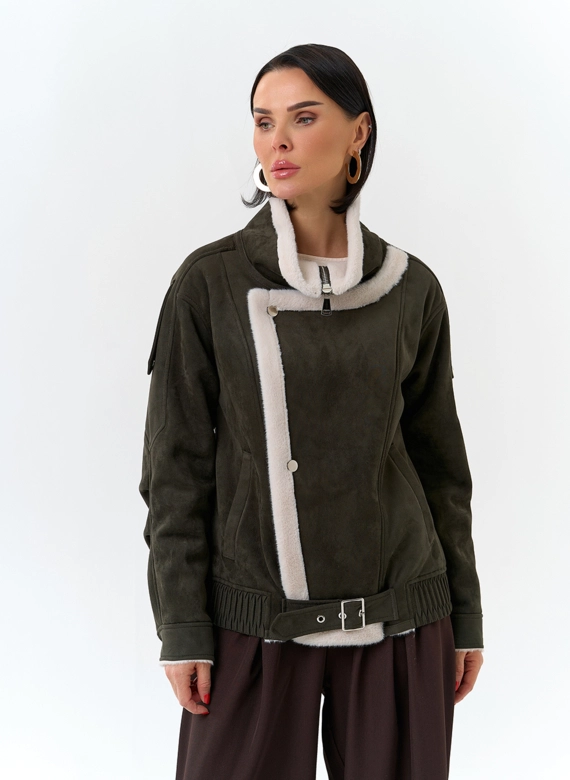 Женская дубленка бомбер из эко замши