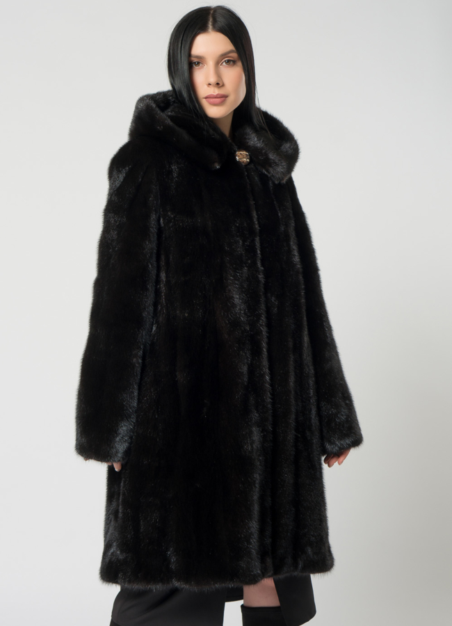 Норковая шуба с капюшоном модель № 25929 меха малина