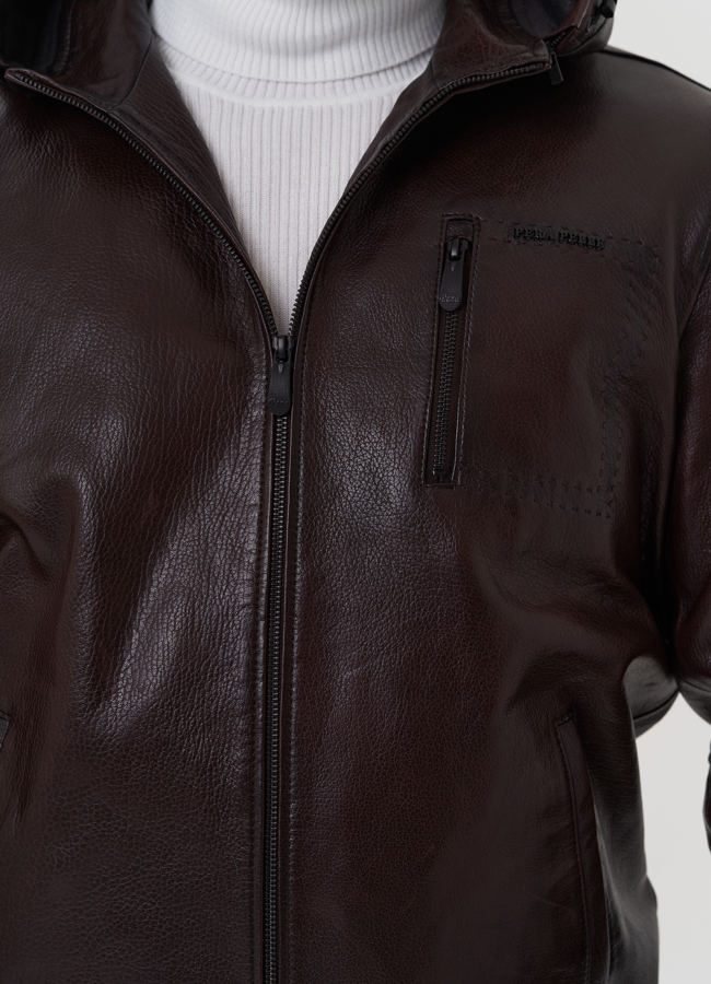 Куртка с капюшоном из натуральной кожи модель № 26704 универмаг малина