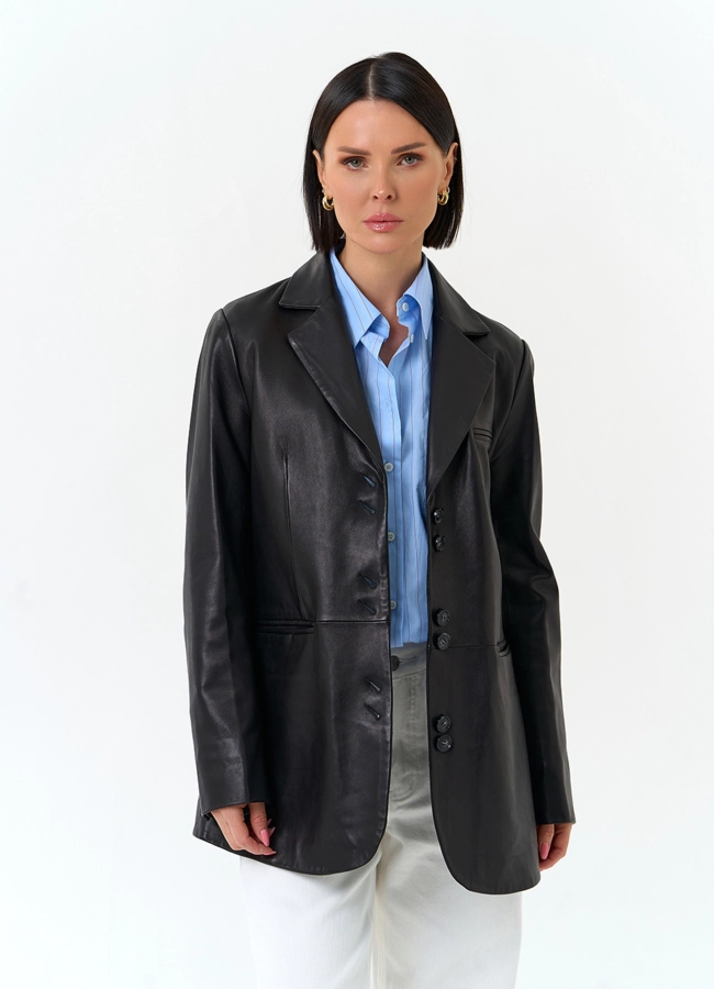 Женский жакет из натуральной кожи модель № 24505 меха малина