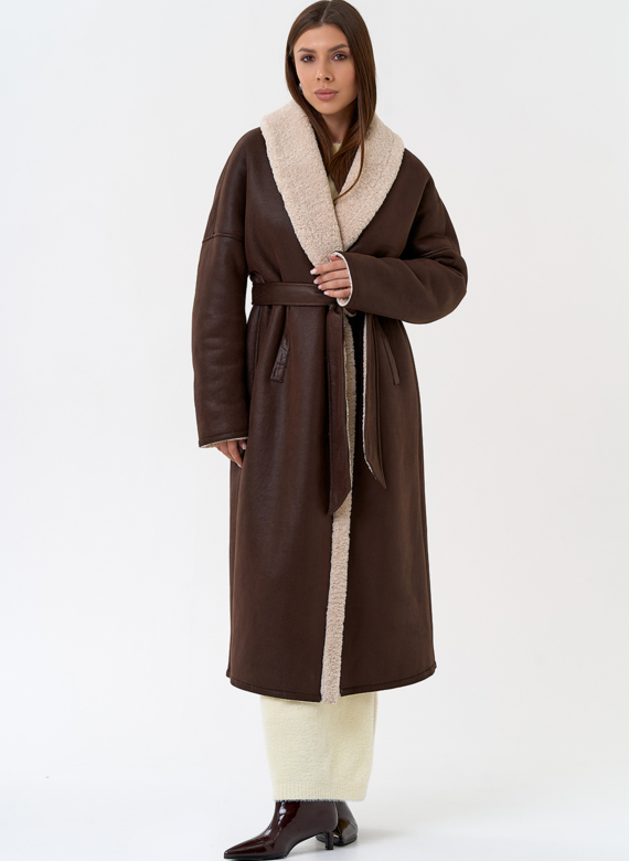 Женская двухсторонняя дубленка из эко замши с воротником шаль