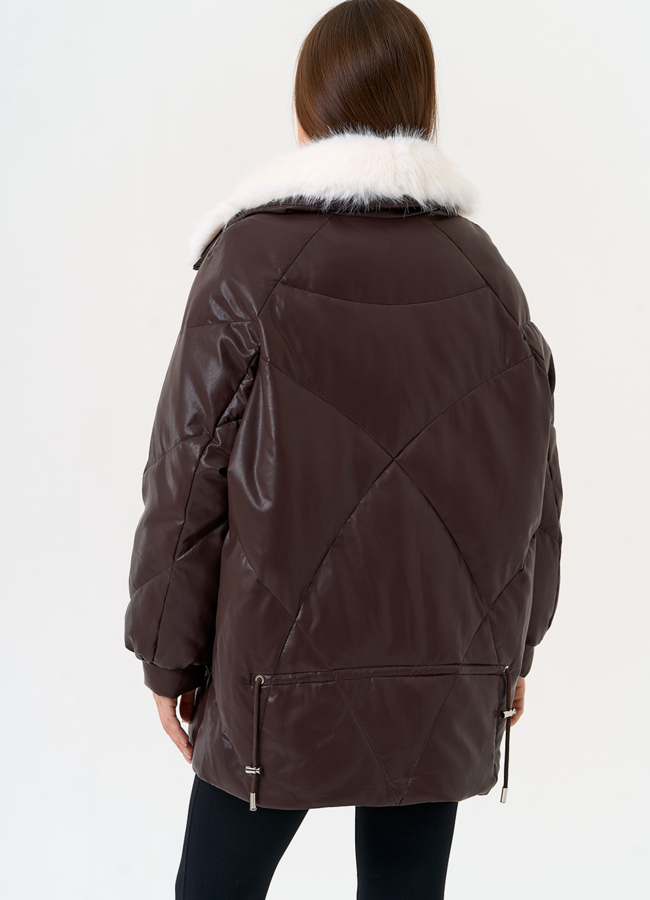 Женский пуховик из эко кожи коричневого цвета модель № 30712 в кредит
