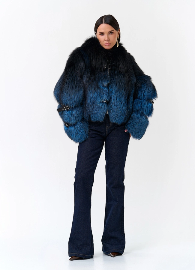 Шуба из меха чернобурой лисы с декоративными ремешками модель № 33765 в рассрочку