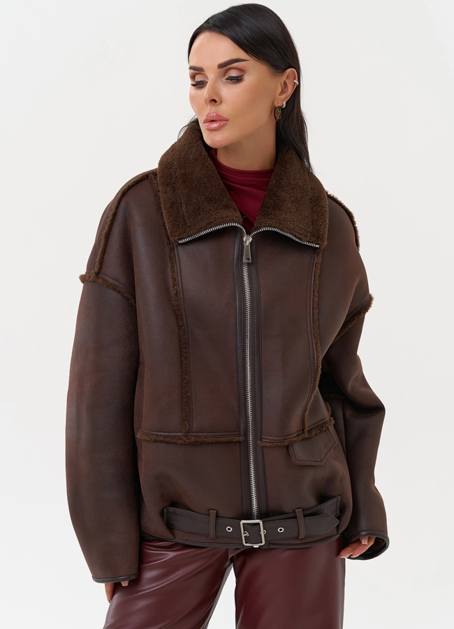 Женская дубленка коричневого цвета  модель № 31282 универмаг малина