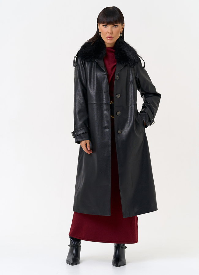 Женское утепленное пальто из экокожи с воротником из эко меха модель № 30705 универмаг малина