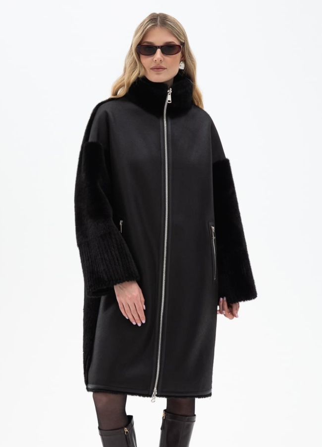 Женская двухсторонняя дубленка из эко кожи с воротником стойкой модель № 32027 меха малина