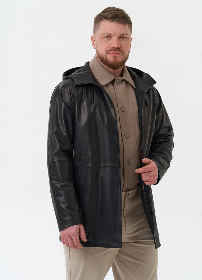 Мужская парка из натуральной кожи с капюшоном модель № 30071 универмаг малина