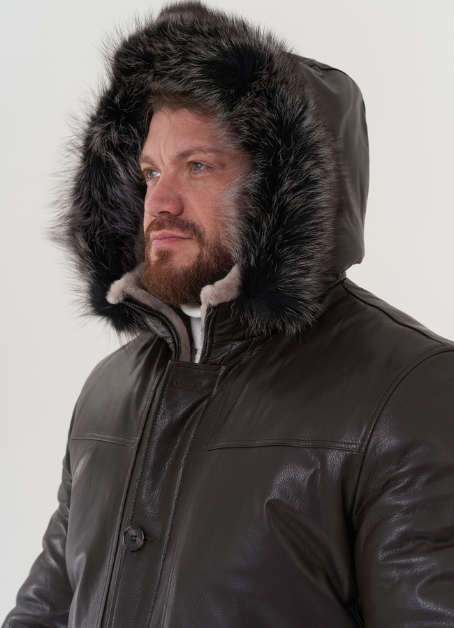 Пуховик из натуральной кожи с капюшоном модель № 26230 в рассрочку