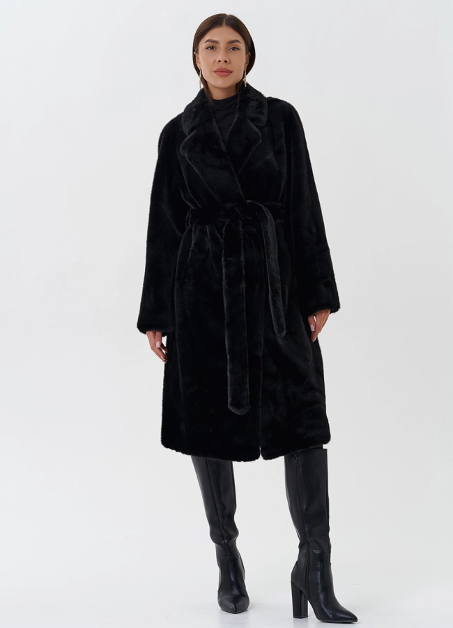 Женское пальто из эко меха с поясом модель № 27687 меха малина