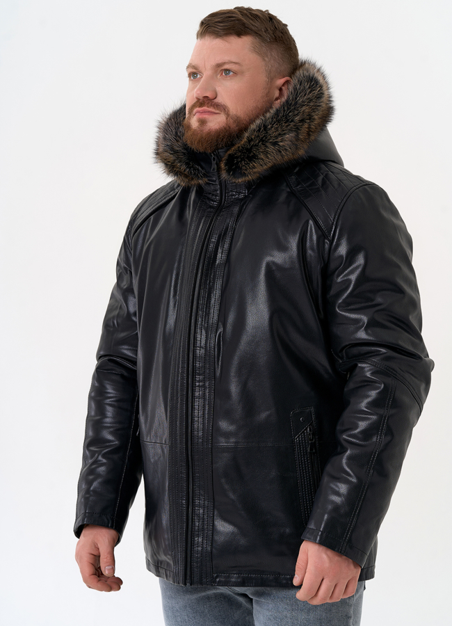 Пуховик из эко кожи с капюшоном из меха енота модель № 31719 универмаг малина