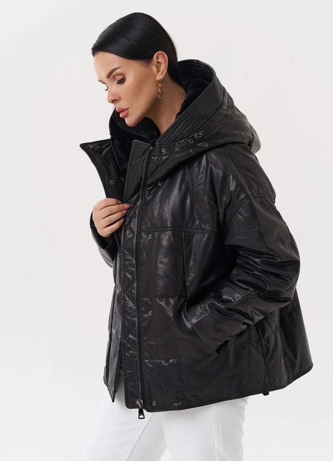 Утепленная куртка из натуральной кожи с капюшоном модель № 28111 универмаг малина
