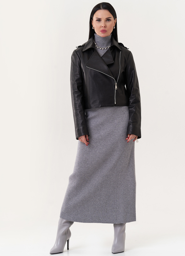 Укороченная куртка из натуральной кожи модель № 26895 меха малина