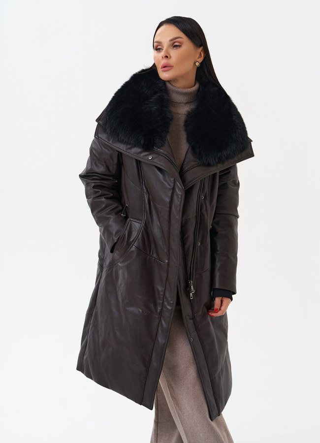 Женский кожаный пуховик с отделкой из натурального меха модель № 28918 универмаг малина