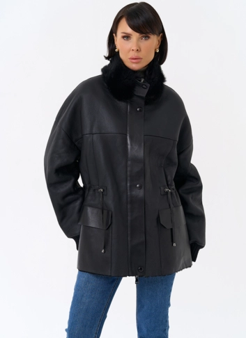 Женская натуральная дубленка с воротником стойкой фото