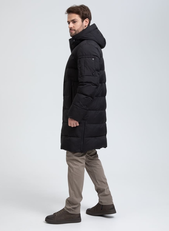 Мужской удлиненный пуховик с капюшоном