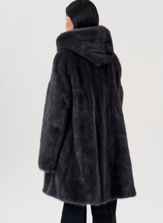 Норковая шуба балетка, в цвете графит с капюшоном