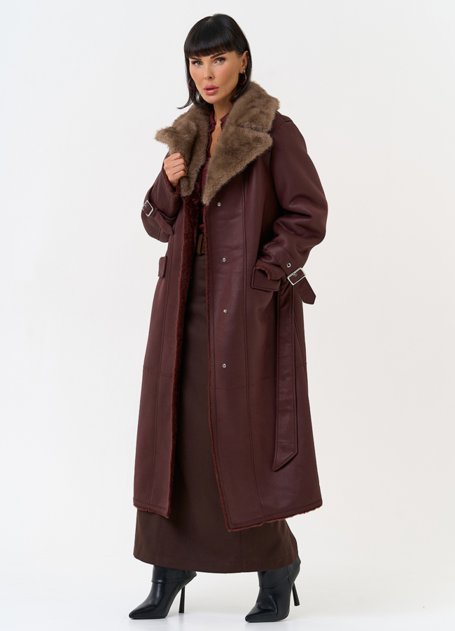 Женская дубленка из эко замши с английским воротником модель № 31511 универмаг малина