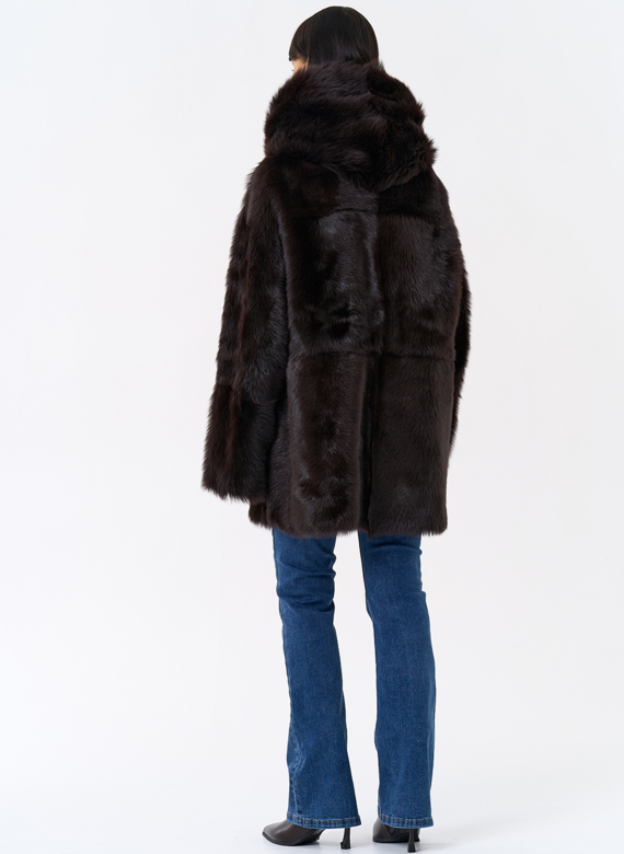 Женская двухсторонняя дубленка с капюшоном